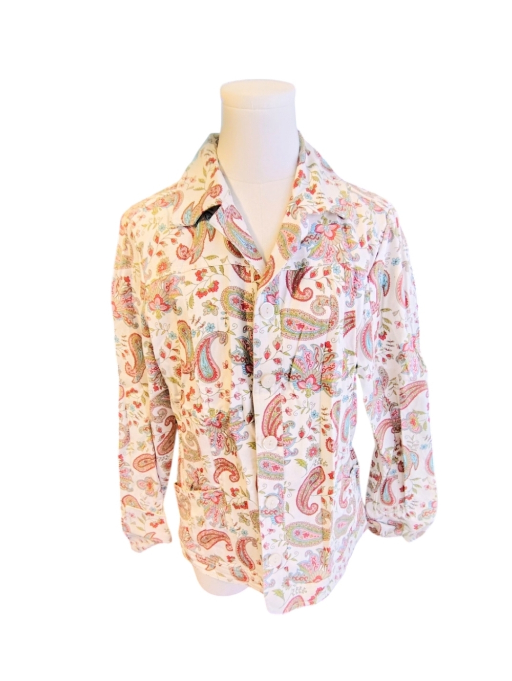 Vintage Koret Paisley White Pink Blue Cuffed Sleeve Women's Jacket Size Large